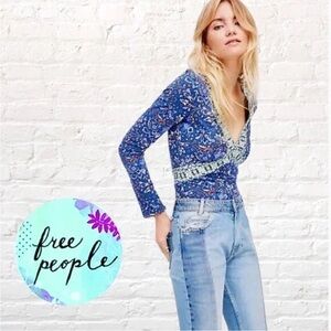 Free People No Where to Be Blue Floral Women's Bodysuit Top
